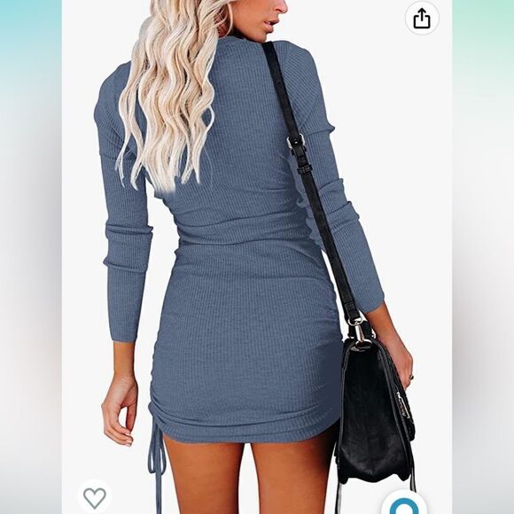 NENONA Ruched Midi Dress Long Sleeve Side Drawstring Ribbed Knit Bodycon Dress - Picture 7 of 11